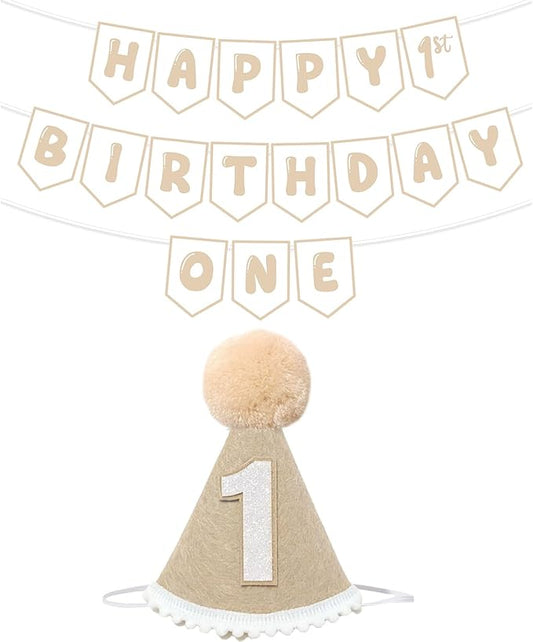 Beige Pre Strung Happy 1st Birthday Banner and One Birthday Hat for