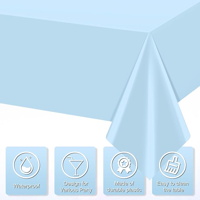 3Pcs Light Blue Tablecloths,Disposable Plastic Tablecloth,Waterproof