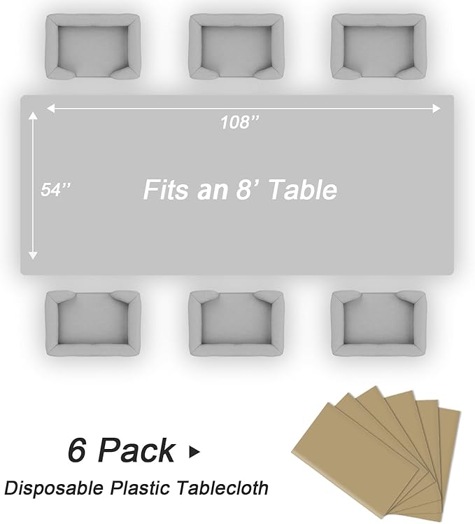 QIKSION Gold Plastic Table Cloth Disposable 6 Pack, 54 x 108 Inch