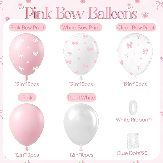 60pcs Pink Bow Balloons 12inch with Pink White Clear Bow Balloons for