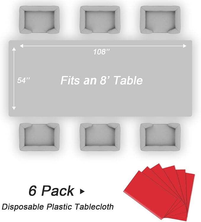 QIKSION Red Plastic Table Cloth Disposable 6 Pack, 54 x 108 Inch