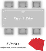QIKSION Red Plastic Table Cloth Disposable 6 Pack, 54 x 108 Inch