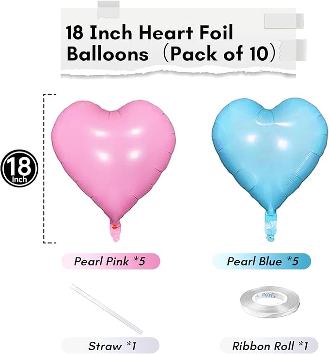 Pink Blue Heart Balloons, 18 Inch Pastel Blue Pink Foil Heart