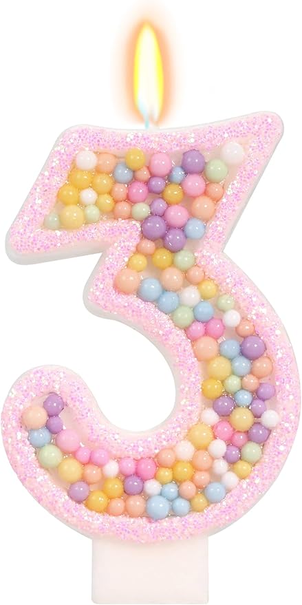 Birthday Candles for Girls - Number 3 Candle, Colorful Macaron