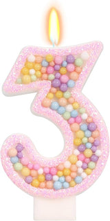 Birthday Candles for Girls - Number 3 Candle, Colorful Macaron