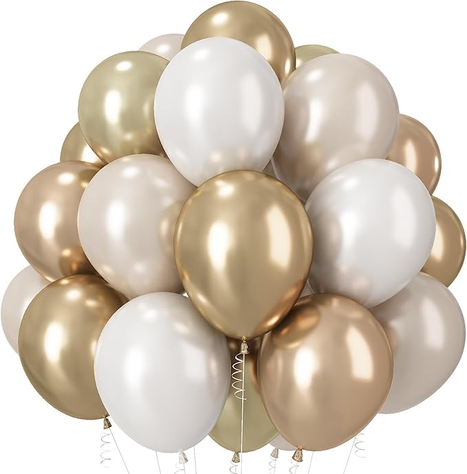 Champagne Gold and White Balloons, 12 Inch Double Stuffed Pearl White