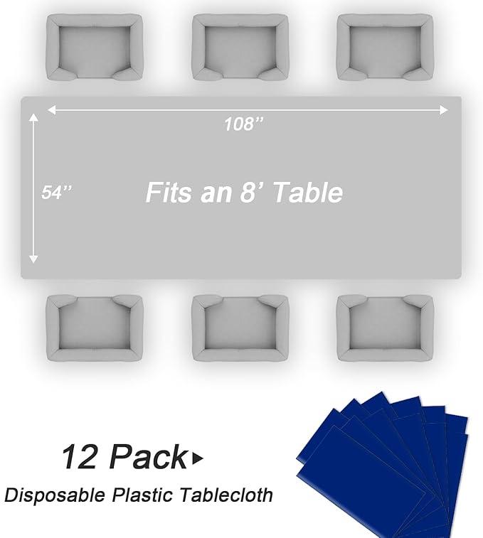 QIKSION Royal Blue Plastic Table Cloth Disposable 12 Pack, 54 x 108