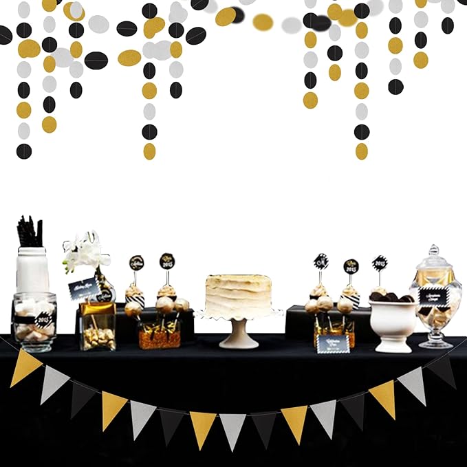 Silver Black Gold Party Decorations - 52Ft Paper Streamers Garland
