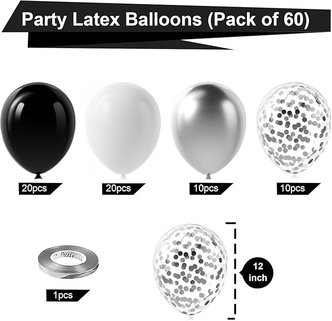 Bezente Black Silver Confetti Latex Balloons,60pcs 12 inch Black
