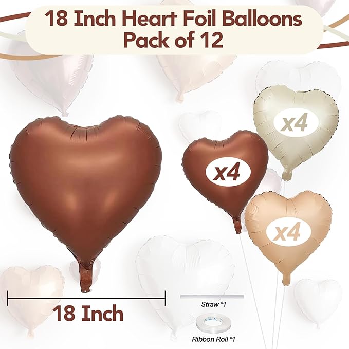 Cream Brown Heart Balloons, 12Pcs Brown Apricot Foil Balloons, Beige