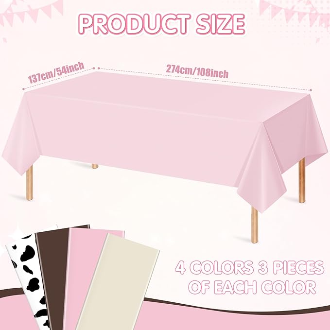 12 Pack Cowgirl Baby Shower Plastic Tablecloth for Rectangle Tables