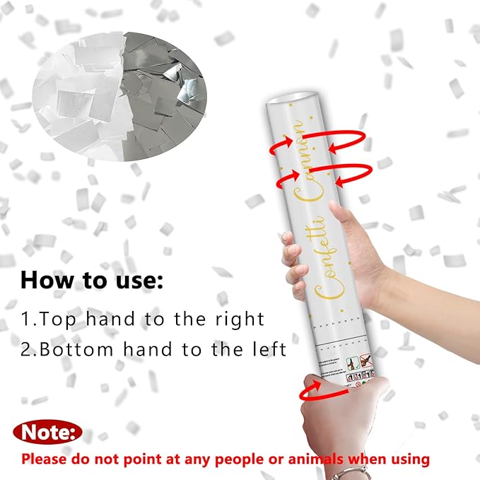 12" Silver & White Confetti Cannons - Party Poppers for Birthday Gradu