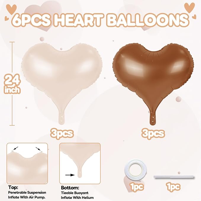 Paready 24 Inch Beige Brown Heart Balloons, Coffee Apricot Heart