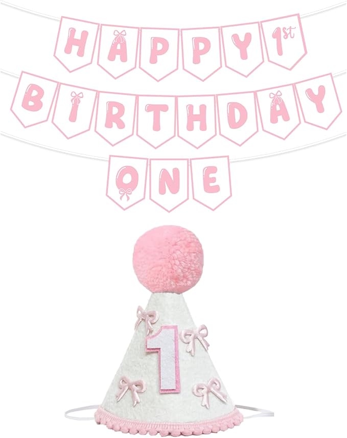 First Birthday Decorations for Girl Pink Bow One Birthday Hat and