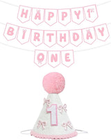 First Birthday Decorations for Girl Pink Bow One Birthday Hat and