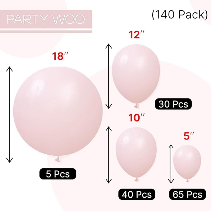 PartyWoo Baby Pink Balloons 140pcs Different Sizes of 18 12 10 5 Inch