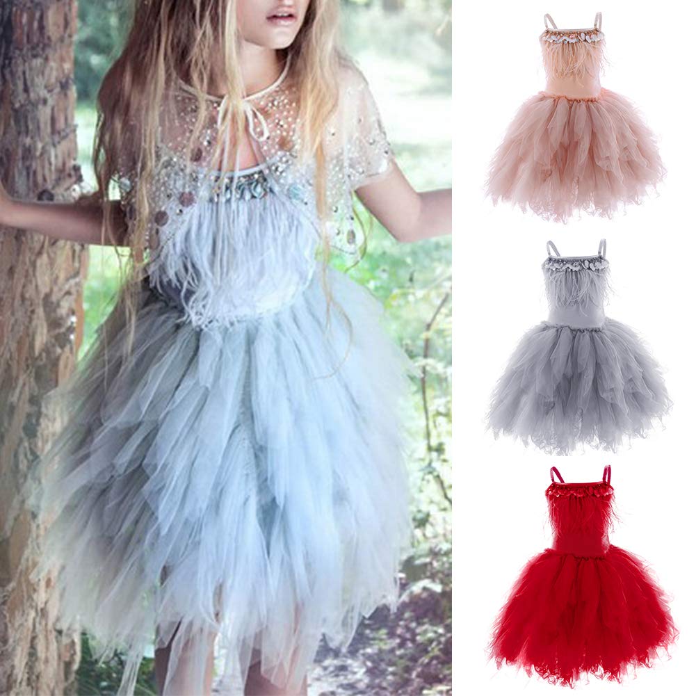 Girls Spaghetti Strap Swan Princess Dance Costume Feather Fringes