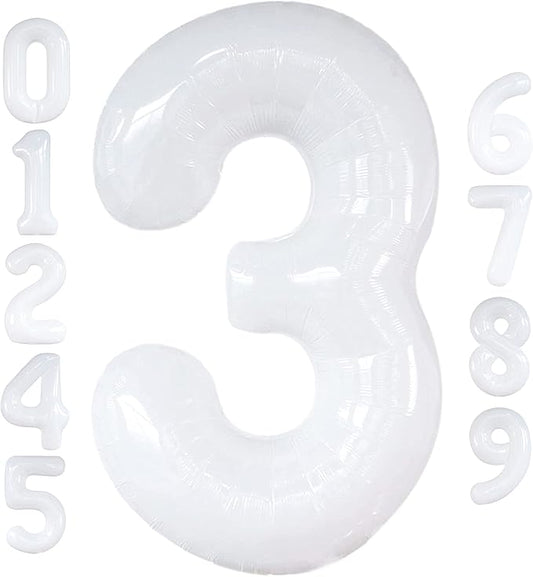 Large, Number 3 Balloon White - 40 Inch | Foil 3 Balloon Number for