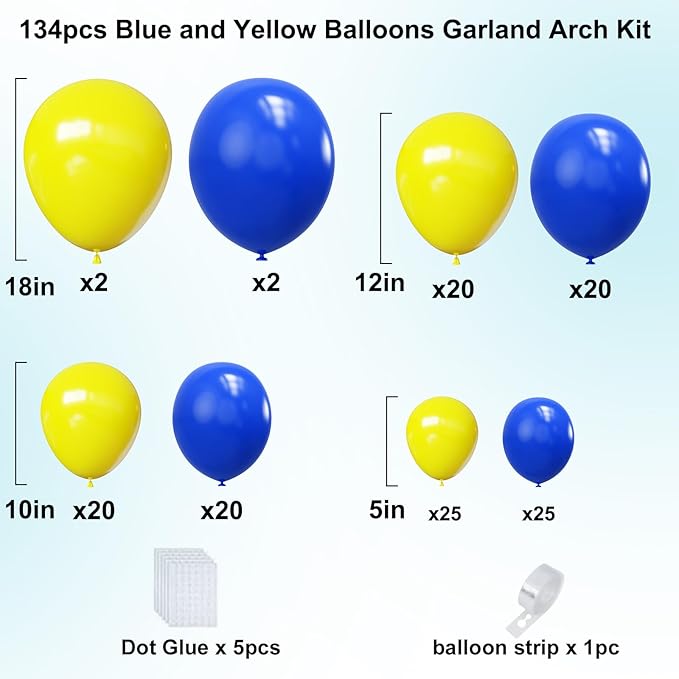 YMSZ Blue and Yellow Balloons Arch Kit, 134pcs Royal Blue and Yellow