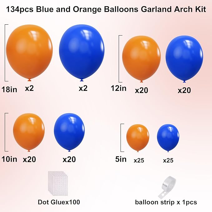 YMSZ Blue and Orange Balloons Arch Kit, 134pcs Royal Blue and Orange