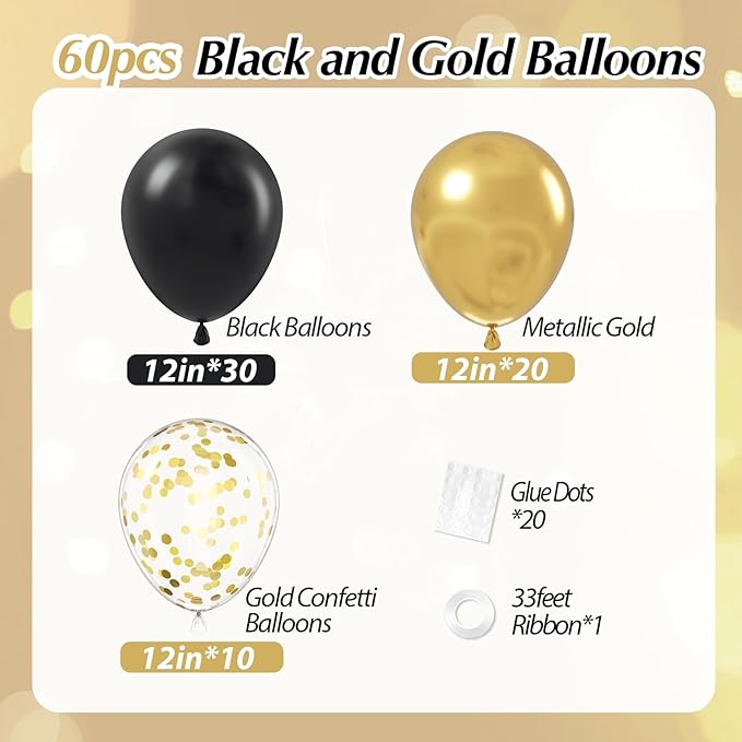 Black and Gold Balloons, 60pcs 12inch Black Metallic Gold Confetti