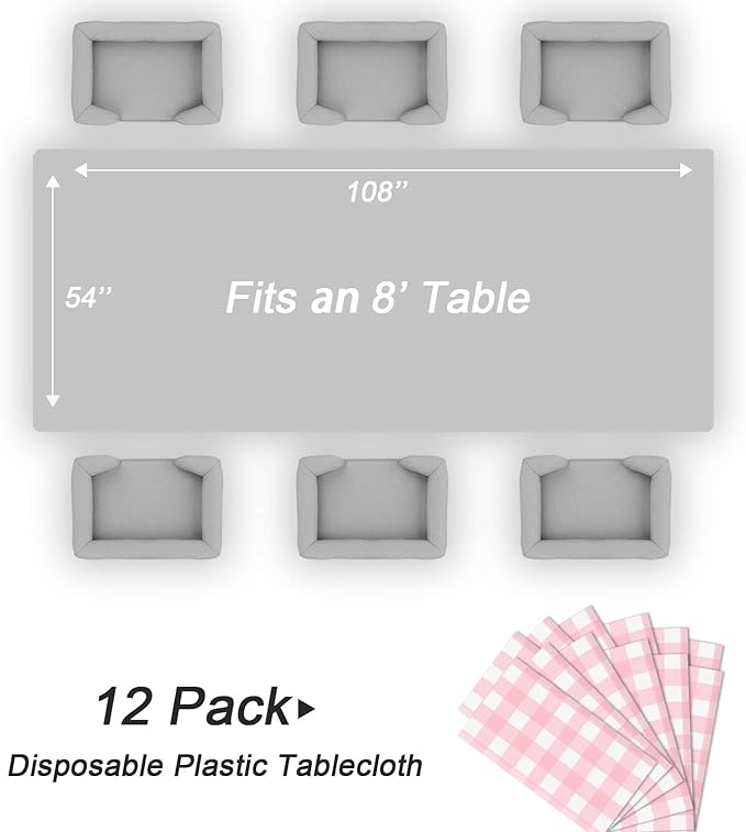 QIKSION Pink Gingham Tablecloth Disposable 12 Pack, 54 x 108 Inch