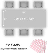 QIKSION Pink Gingham Tablecloth Disposable 12 Pack, 54 x 108 Inch