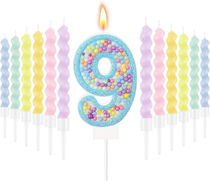MTLEE Number 9 Birthday Candle Macaron Glitter 3D Number Candle with