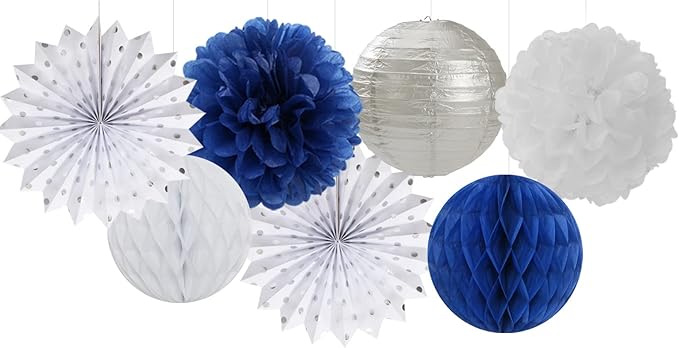 Navy-Blue White Silver Party Decorations - 14pcs Kits Paper Lanterns