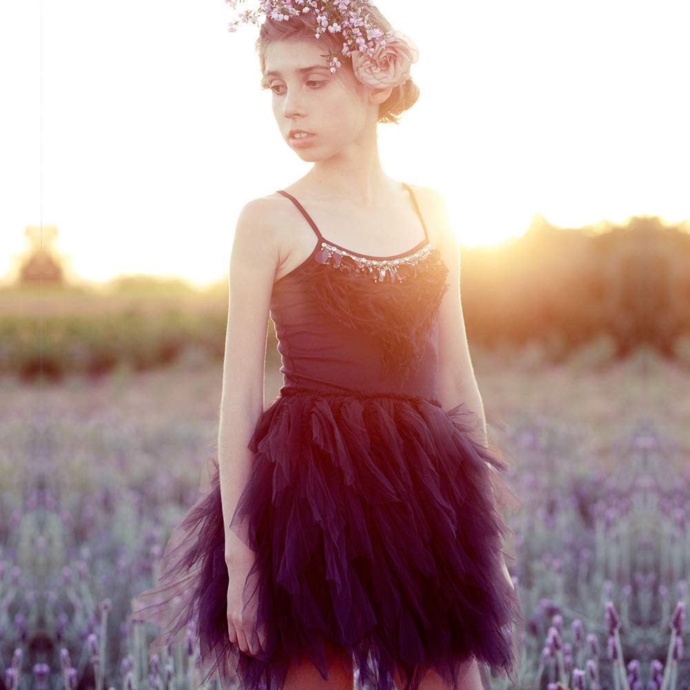 Kids Girls Spaghetti Strap Lace Feather Fringes Tutu Tulle Swan