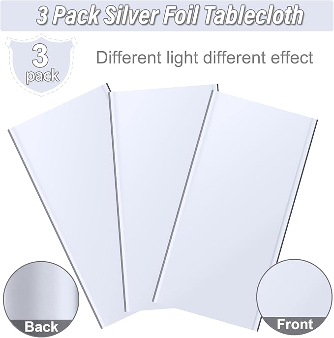 3 Pack Silver Plastic Tablecloth, Disposable Rectangle Table Covers,