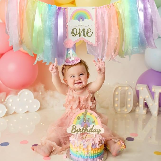 Macaron First Birthday Party Decorations Pastel Rainbow High Chair
