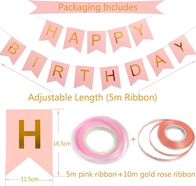 Happy Birthday Banner, Rose Gold Birthday Decoration, 16 pcs 12 inch