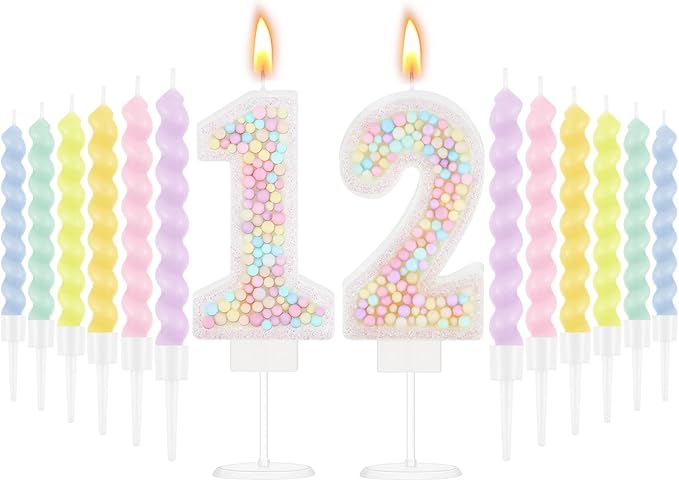 MTLEE Number 12 Birthday Candle with 12 Pcs Spiral Candles for Girls