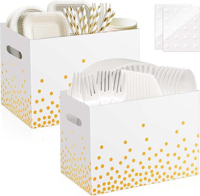 2PCS White and Gold Utensil Holder Paper Utensil Caddy for Engagement