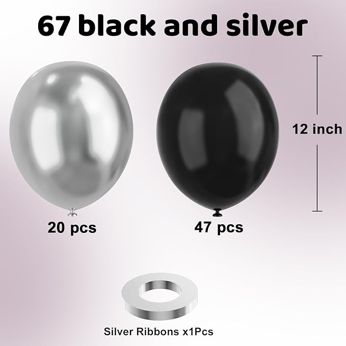 Black and Silver Balloons, 67pcs 12 Inch Metallic Silver and Black