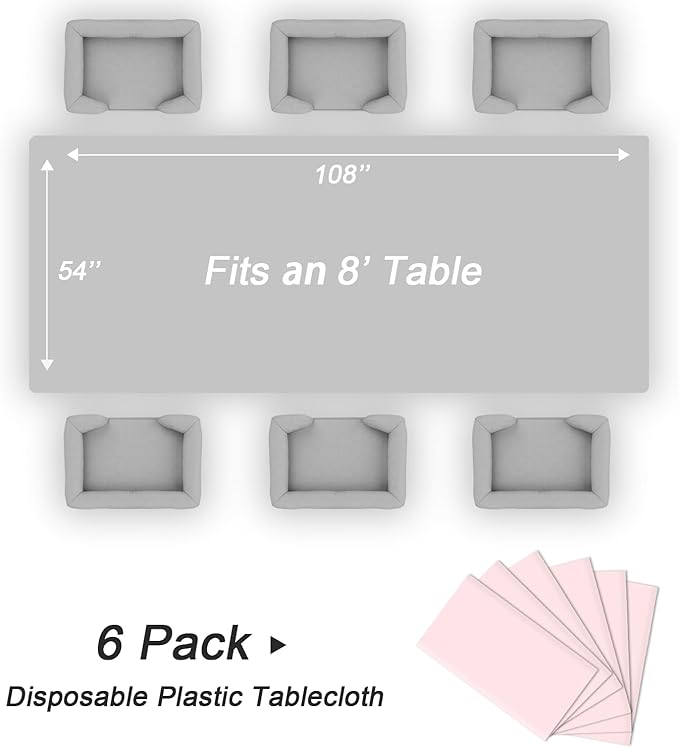 QIKSION Pink Plastic Table Cloth Disposable 6 Pack, 54 x 108 Inch