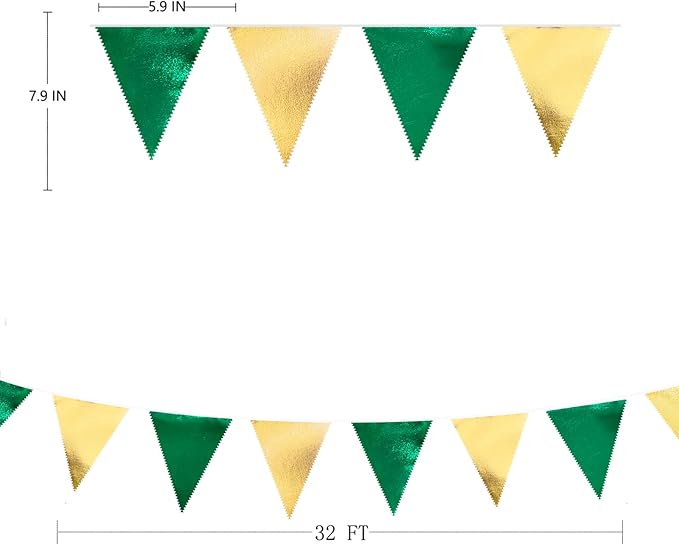 Green Gold Party Decorations Metallic Fabric Triangle Pennant Banner