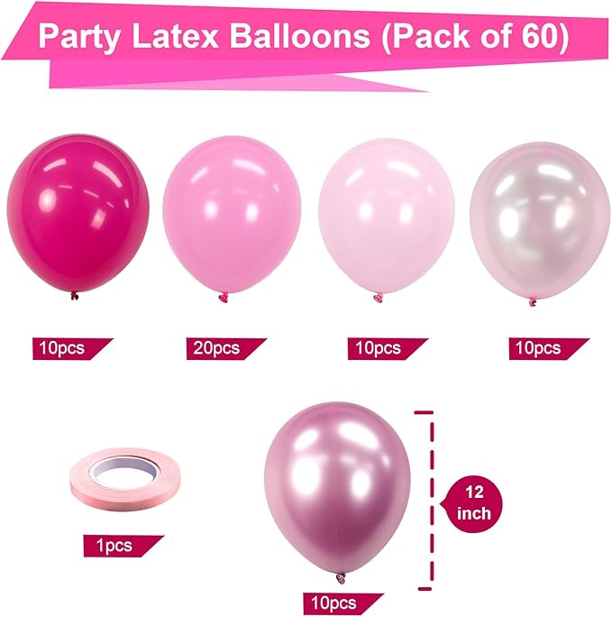 Bezente Pink Balloons Set,60pcs 12 inch Metallic Pearl Pink, Hot &