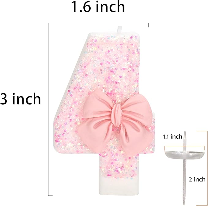 40th Birthday Number Cake Candles, Pink Bow, 2.76 inch, 2 Pack,