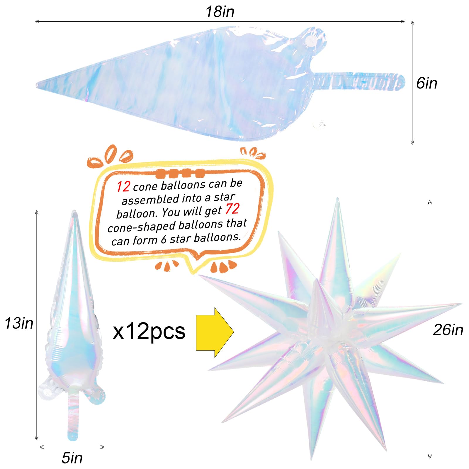 74 PCS Iridescent Star Balloons Foil, 26 Inch Explosion Cone Balloons