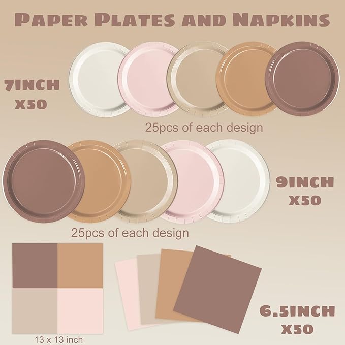60 PCS Brown Paper Plates Boho Baby Shower Decorations Gradient