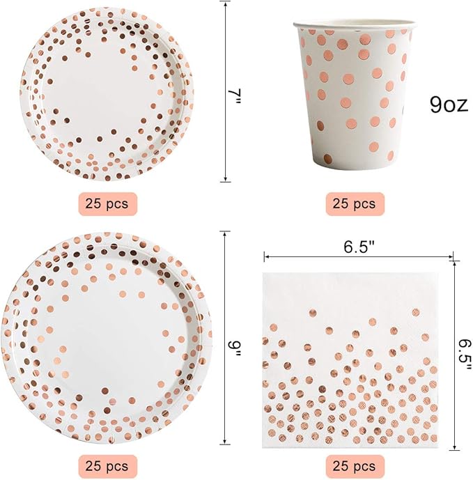 HOMIX 175 Pieces Rose Gold Party Supplies - Rose Gold Dot on White