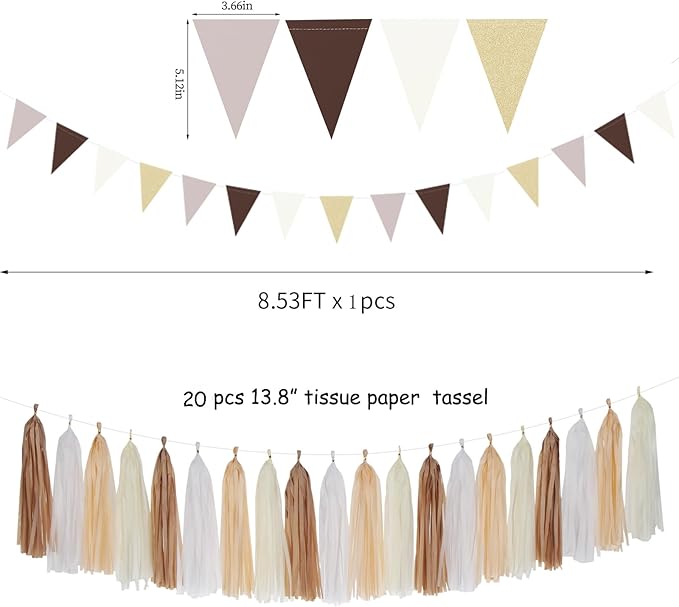 Boho Baby Shower White Brown Champagne Party Decorations 28pcs