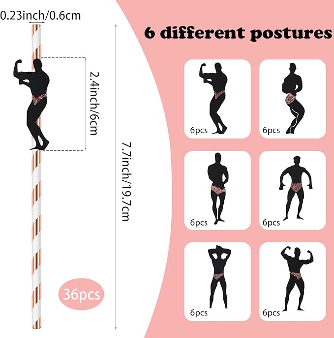 36 Pcs Bachelorette Straws, Funny Male Dancer Drinking Straws for