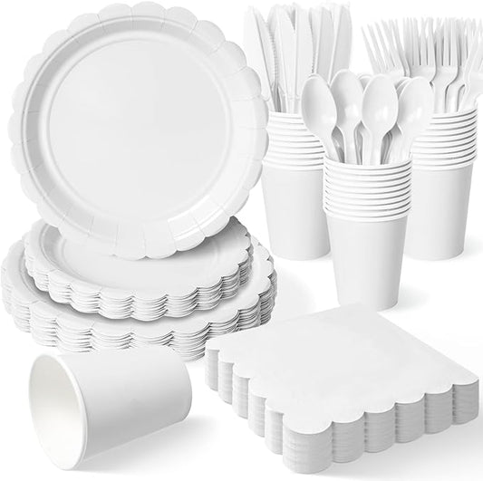 Vyntra 175 Pcs White Disposable Paper Plates and Napkins Set for 25,