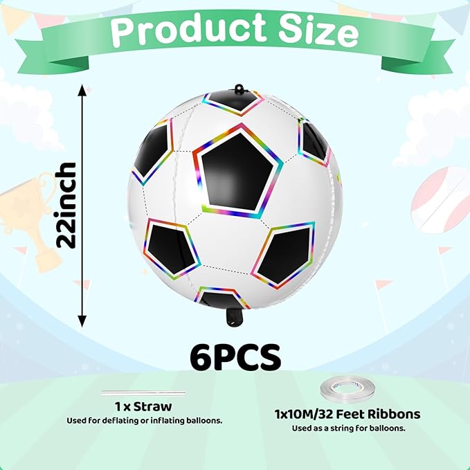6 Pcs Soccer Balloons, 22 Inch Large Soccer Foil Balloon, 4D Colorful