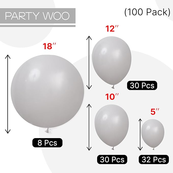PartyWoo Gray Balloons 100 pcs Different Sizes of 18 12 10 5 Inch