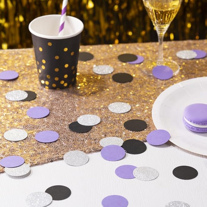 Purple Black and Silver Confetti Table Decoration for Birthday