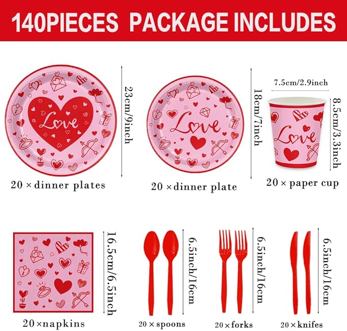 140Pcs Red Valentine's Day Party Decorations Envelope Heart Plates